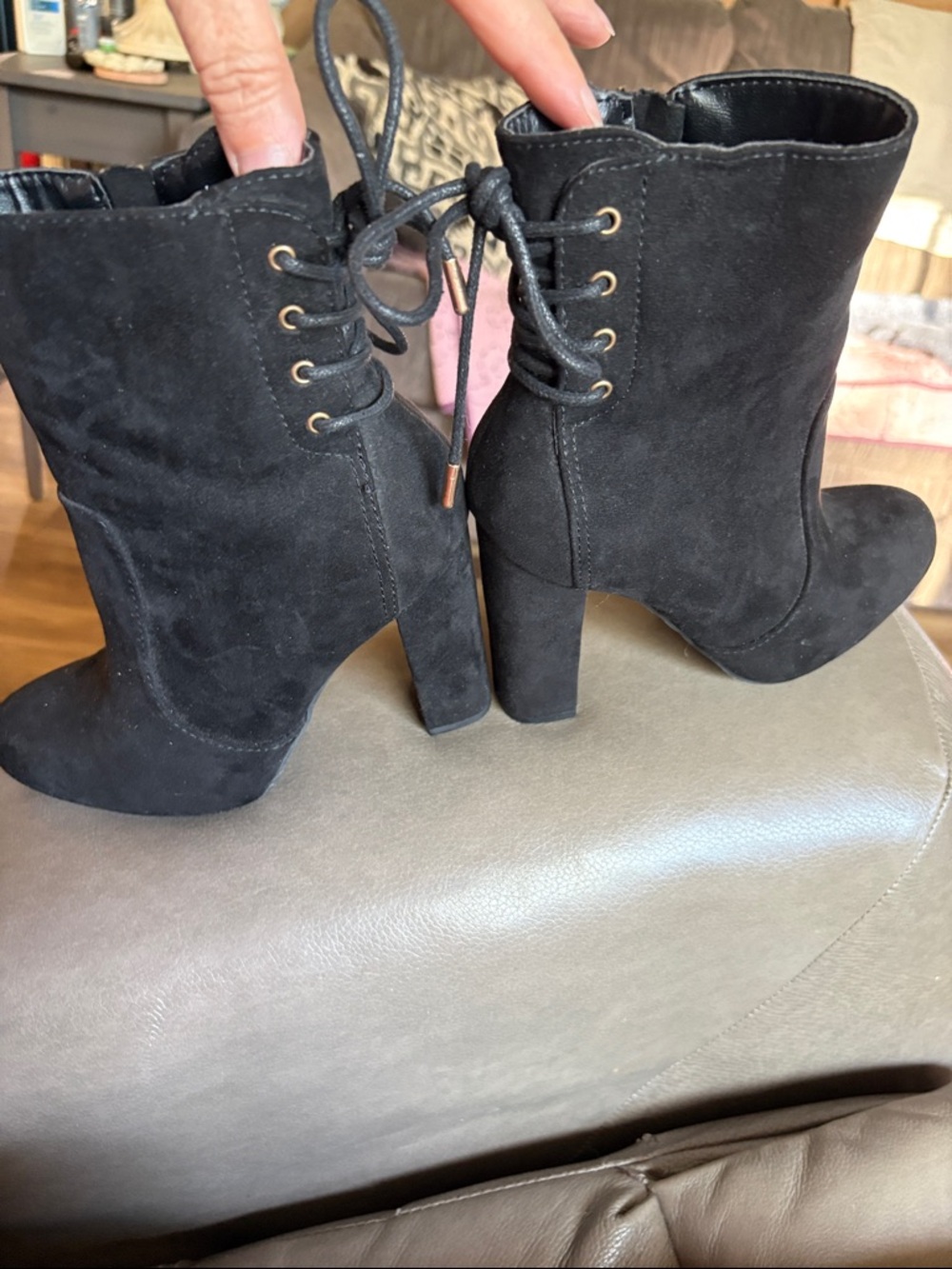 BAMBOO Black Lace-Up Block Heel Ankle Boots